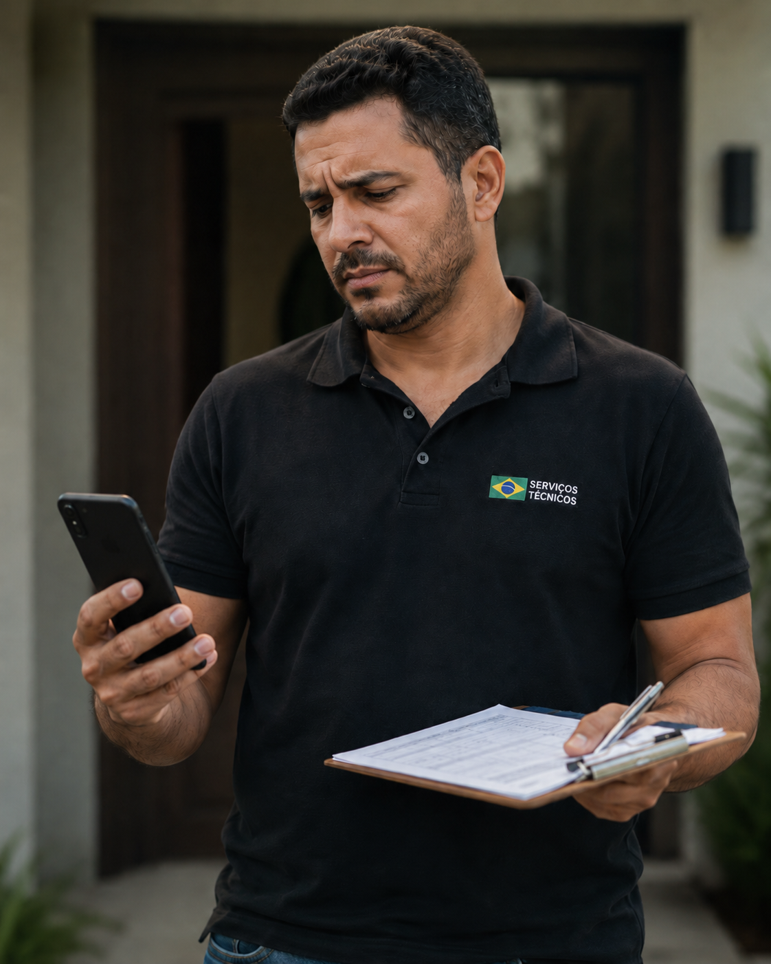 Prestador de serviço em visita técnica com prancheta de orçamento
